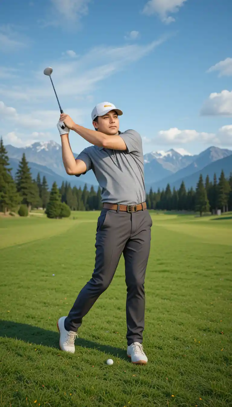 Man swinging golf club on Canadian mountain course