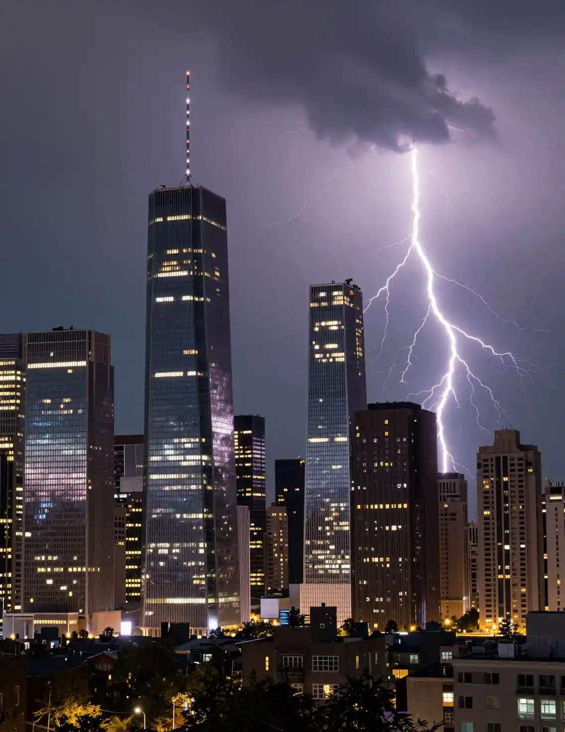 City skyline lit by lightning during a powerful thunderstorm