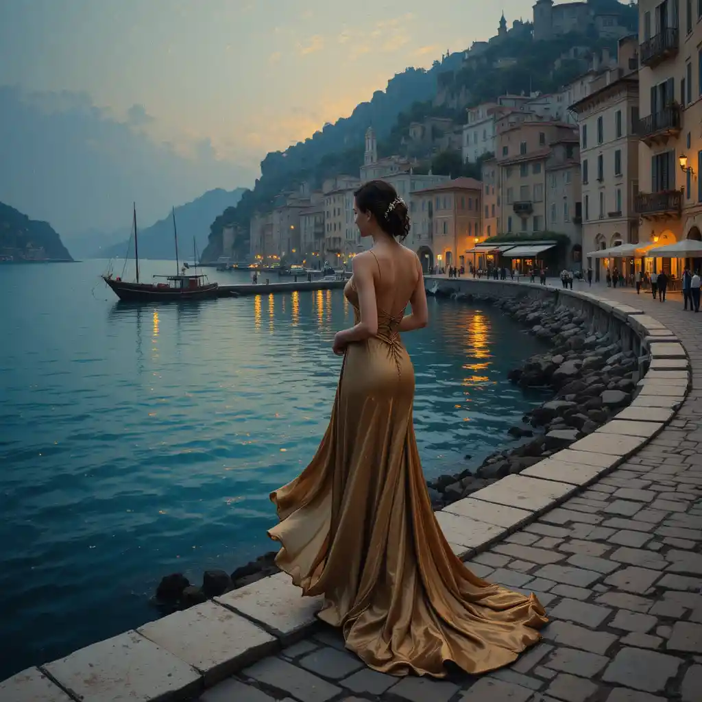 Femme élégante en robe près d’un port méditerranéen au crépuscule