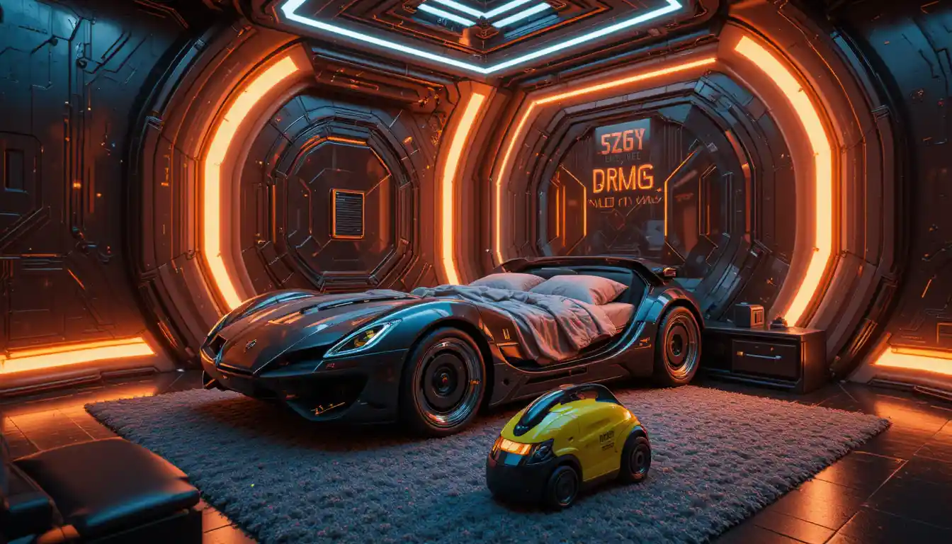 Chambre futuriste avec lit en forme de voiture et accents néon