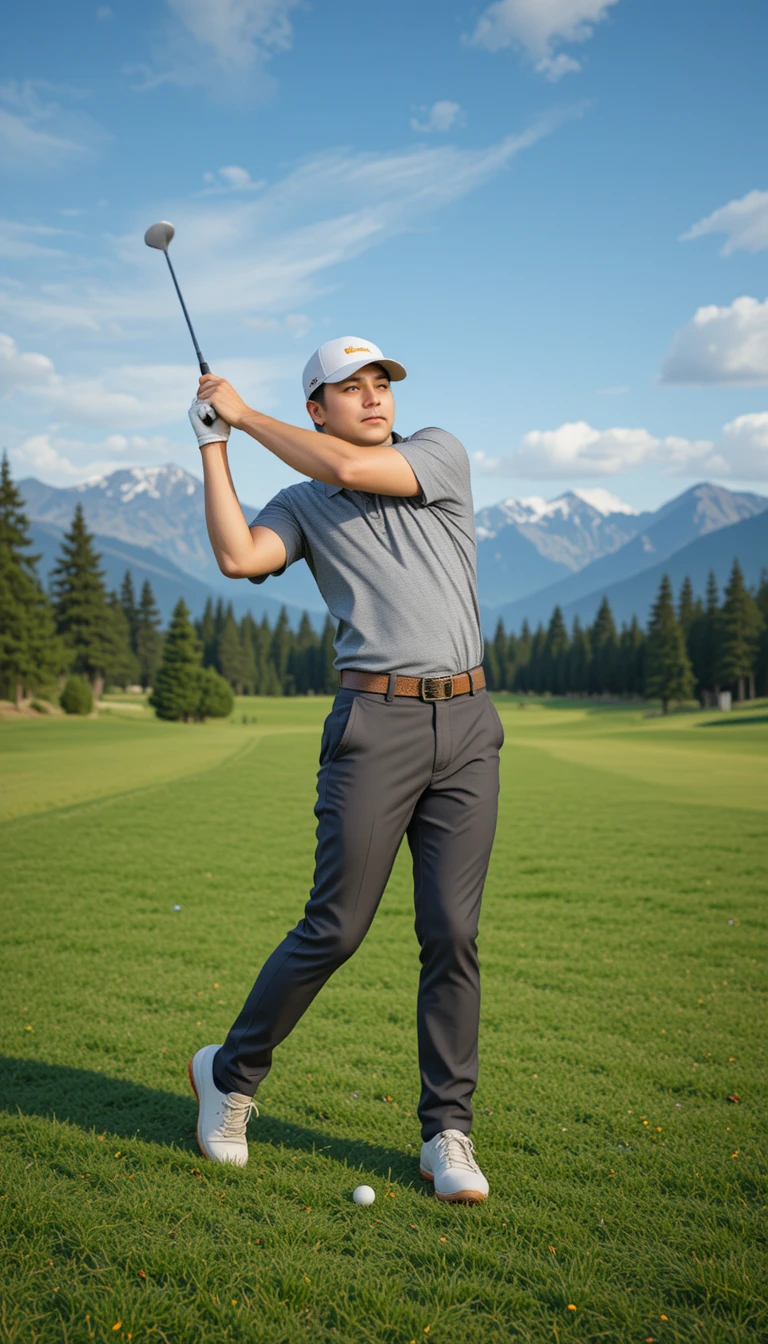 Man swinging golf club on Canadian mountain course