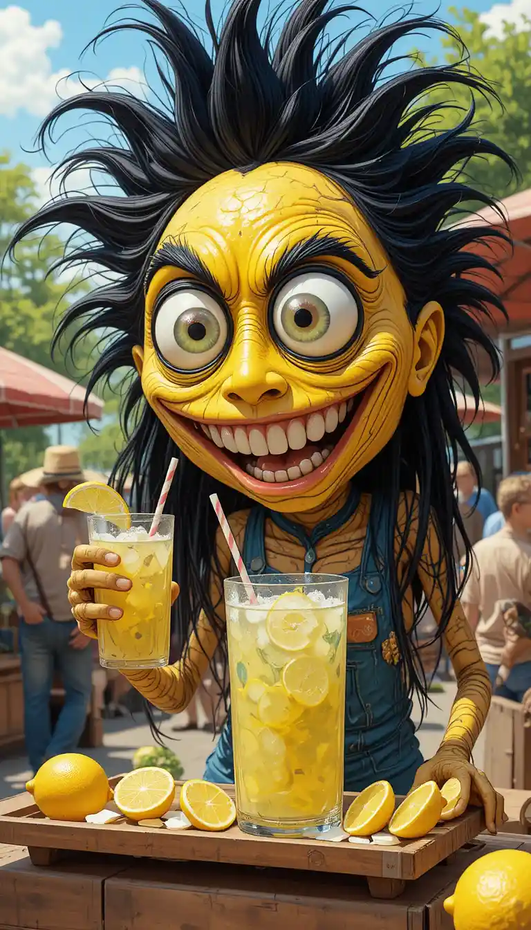 Fröhlicher gelber Zitronen-Charakter verkauft Limonade im Freien