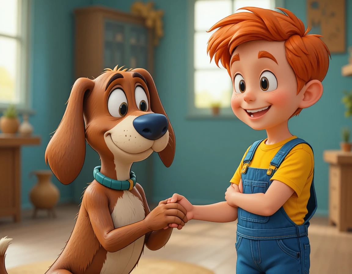 Menino alegre apertando a pata de um cachorro cartunesco engraçado