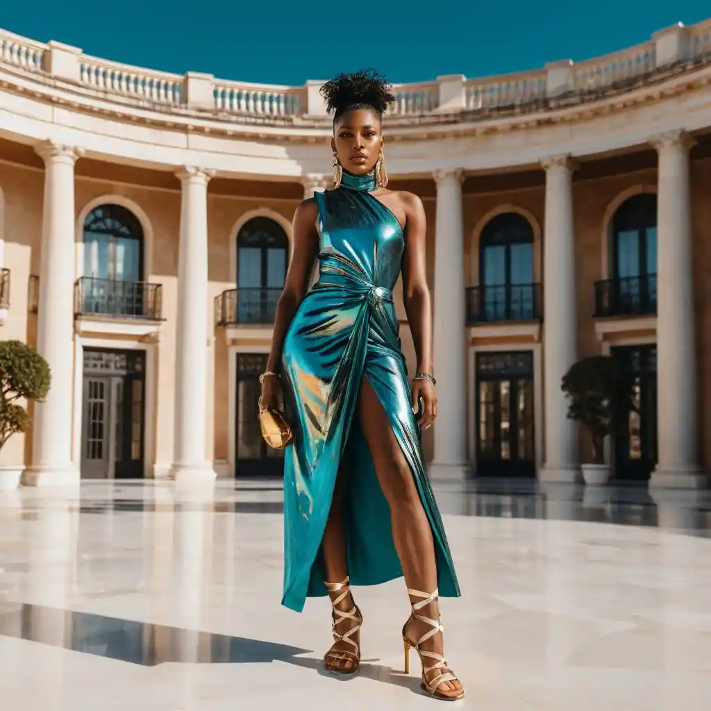 Mulher negra elegante em vestido de alta-costura em pátio de mármore