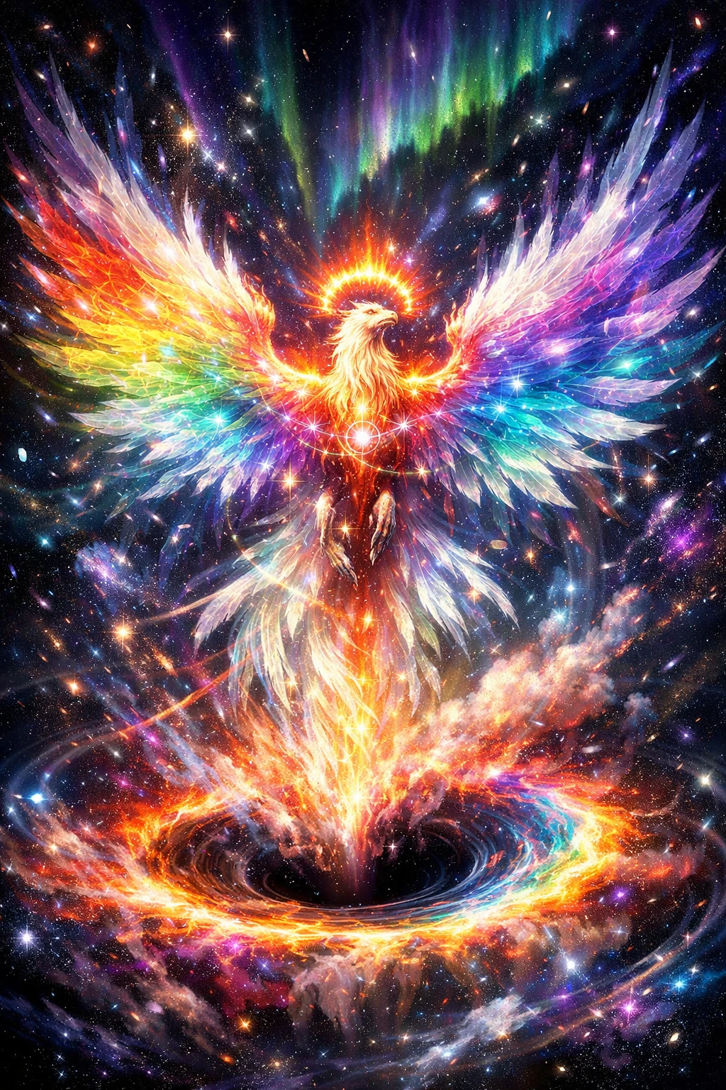 Fênix cósmica surreal ascendendo por um espaço arco-íris radiante