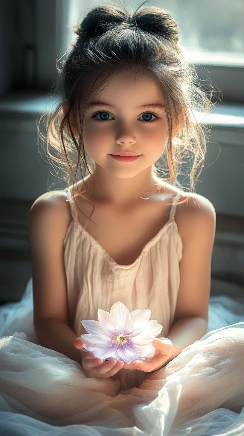 夢幻室內中捧著發光花朵的少女
