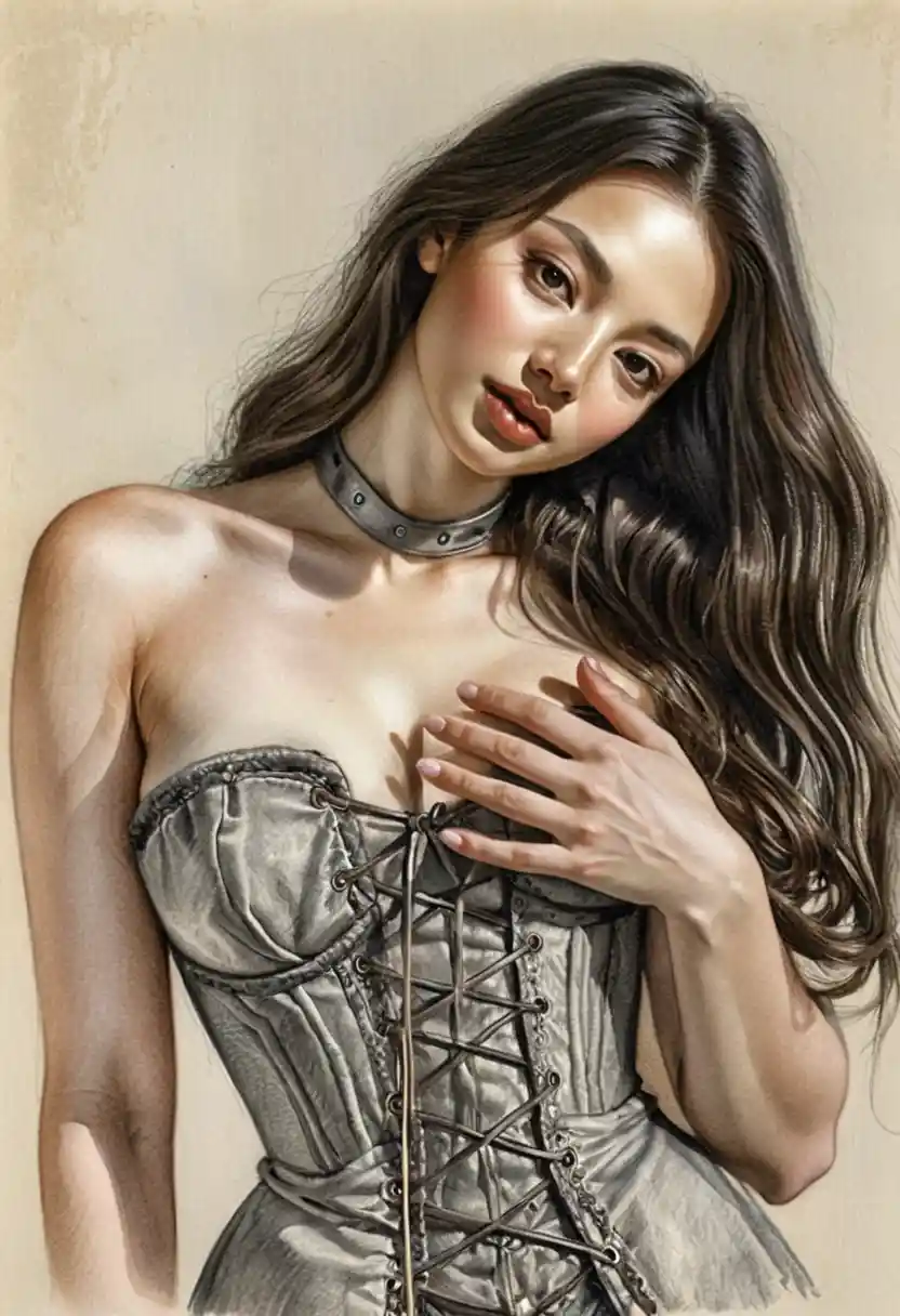 Desenho em sépia de retrato de mulher do Leste Asiático em espartilho vitoriano