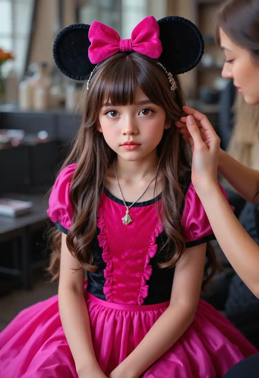 Menino de vestido rosa recebendo maquiagem de uma mulher