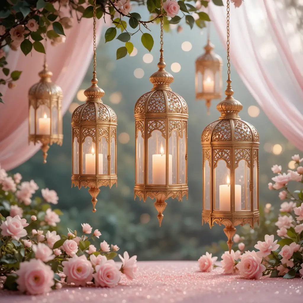 Lanternes dorées avec fleurs roses et doux bokeh de lumières féeriques