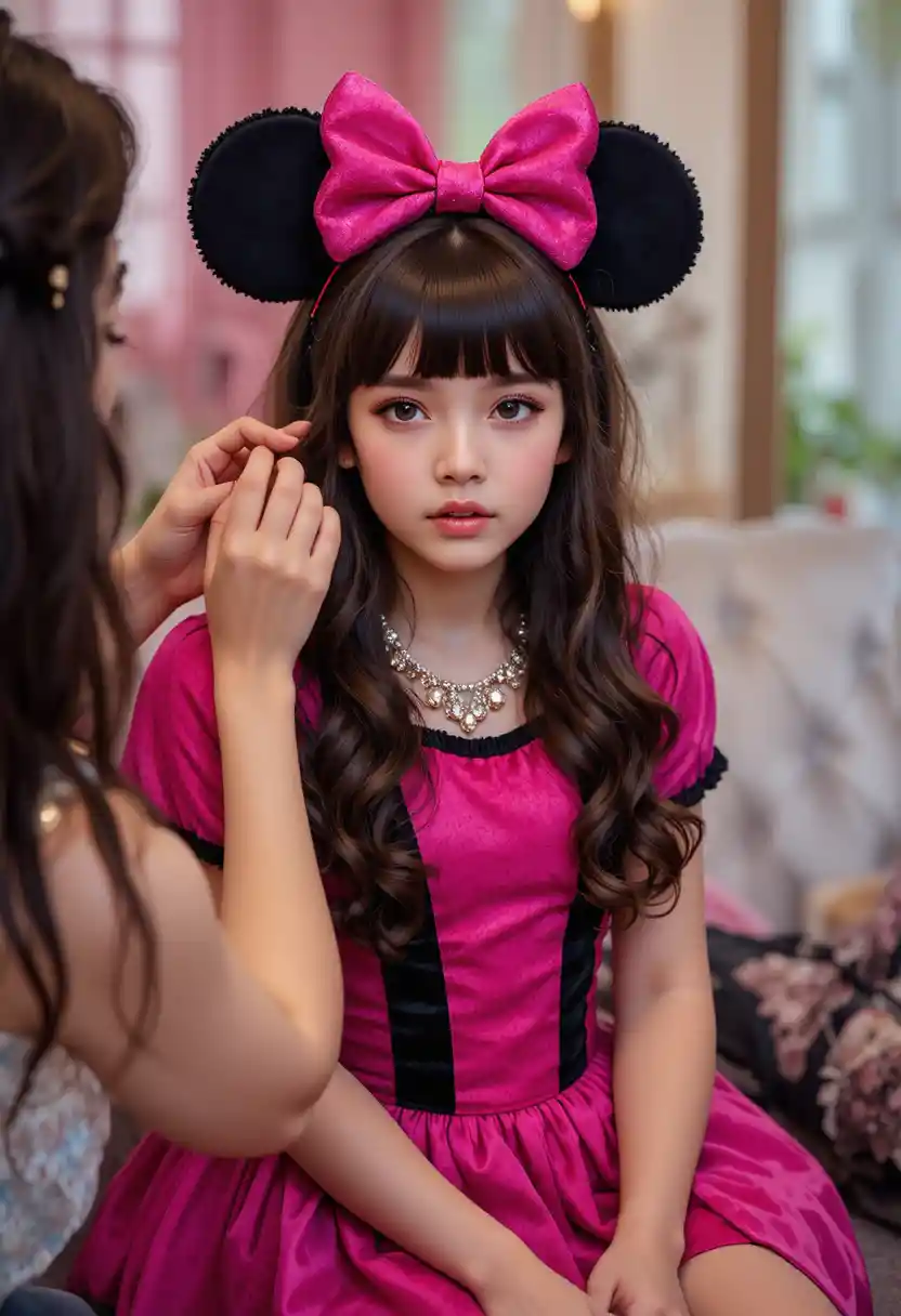 Young boy in pink dress getting makeup from woman