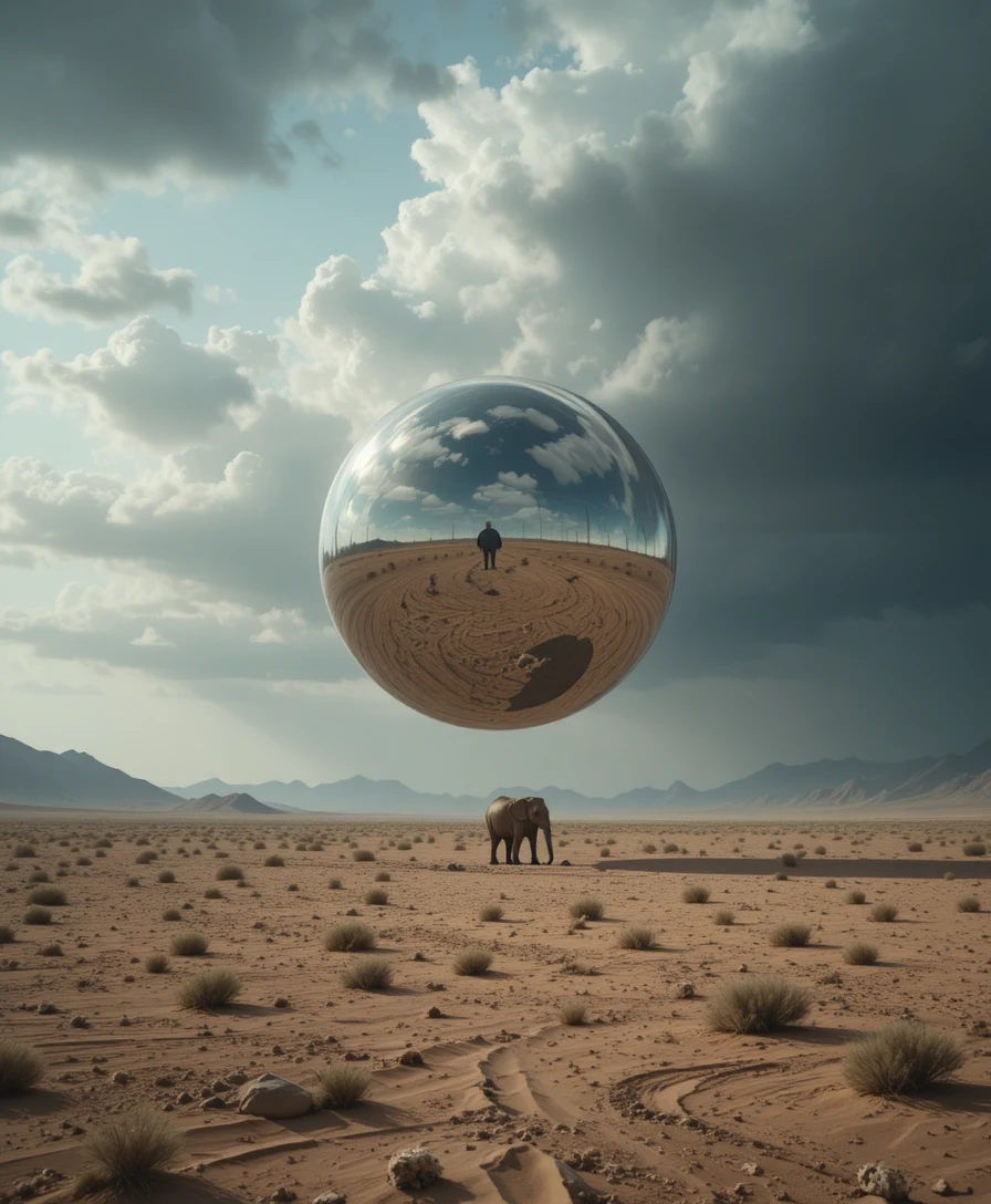 Paisagem desértica surreal com orbe refletivo flutuante e elefante