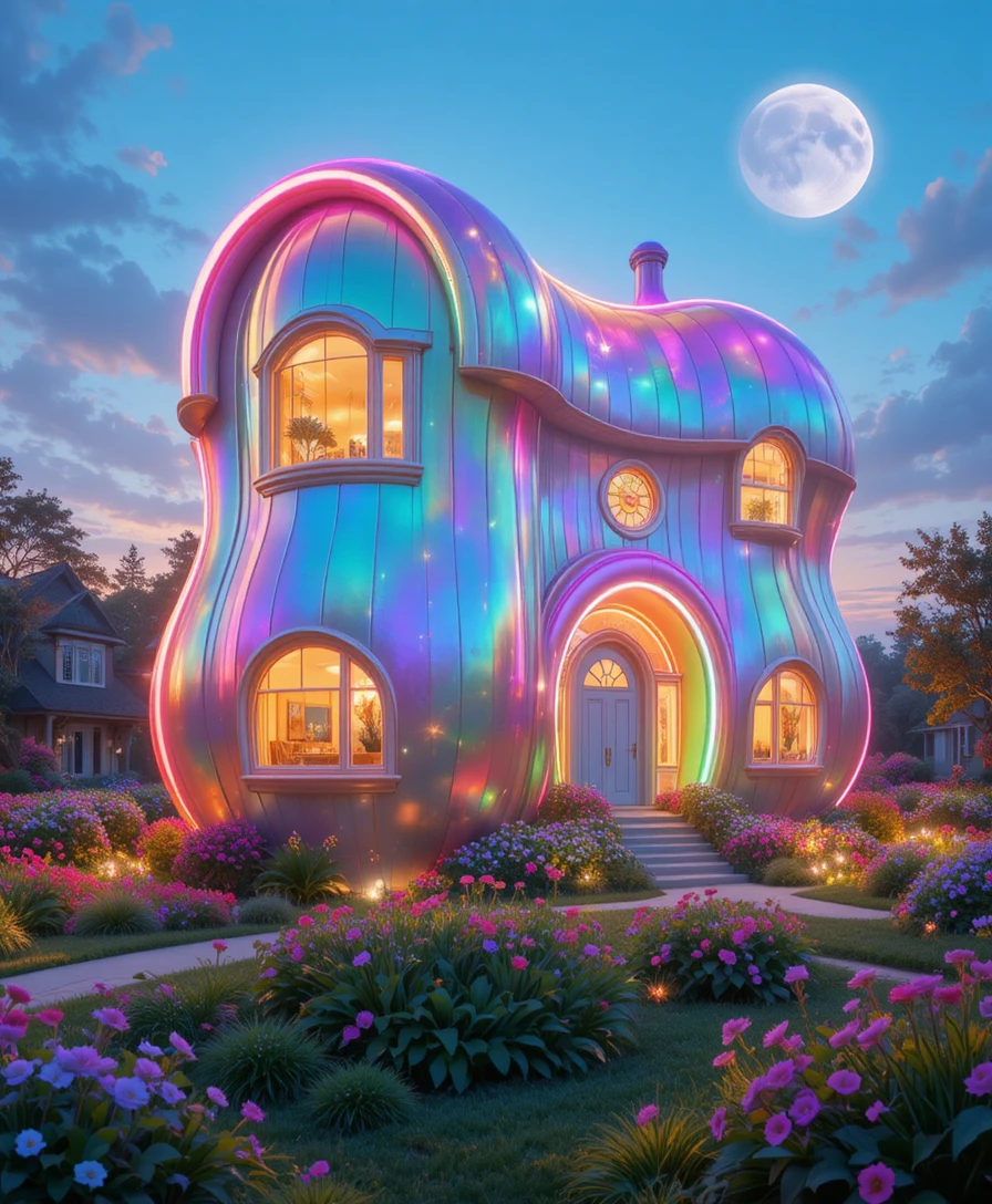 Schillerndes regenbogenfarbenes erdnussförmiges Haus im Fantasiegarten