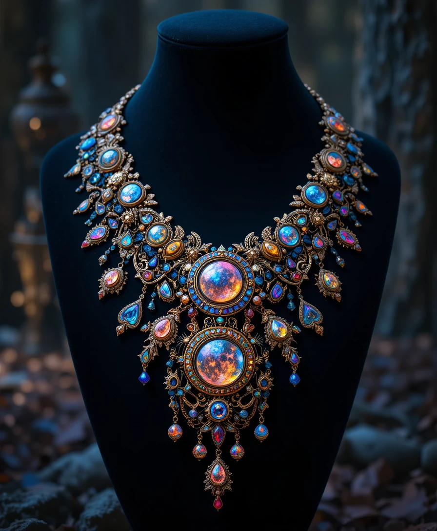 Colar Opulento de Gemas com Motivos Celestiais de Lua e Estrelas