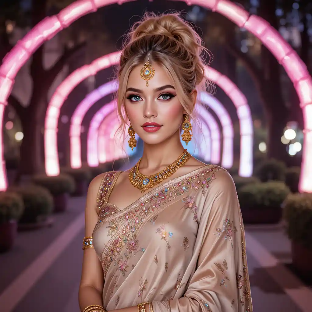 Joyful blonde woman in beige saree with neon lights
