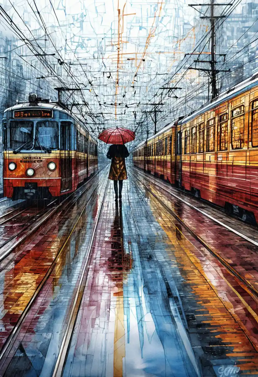 Silhouette solitaire avec parapluie rouge entre tramways vintage
