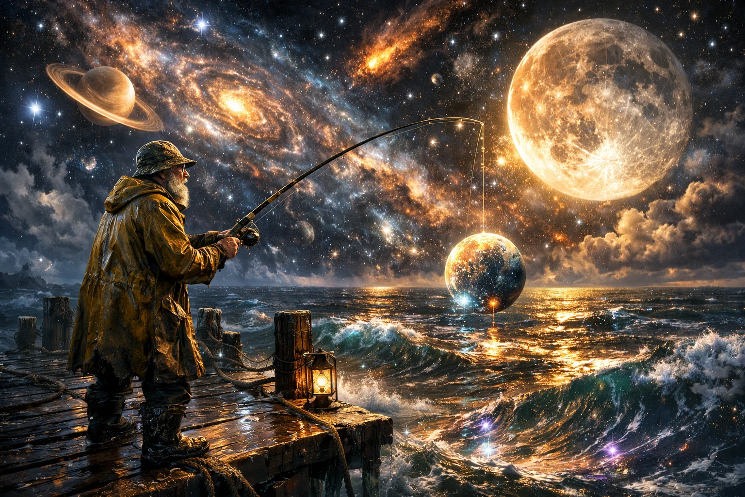 Alter Fischer auf dem Pier unter einem kosmischen, sternenklaren Ozeanhimmel