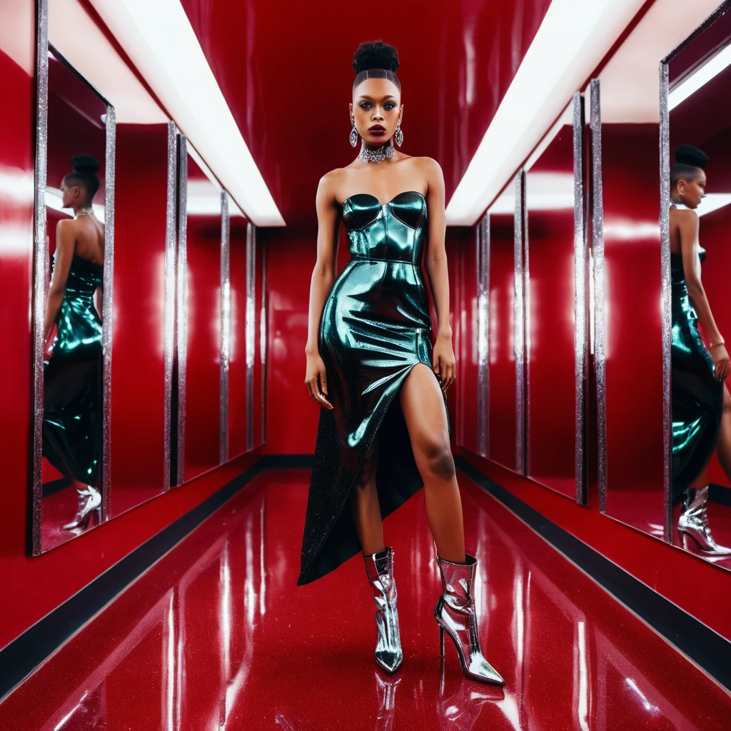 Elegant black woman in couture dress and chrome boots