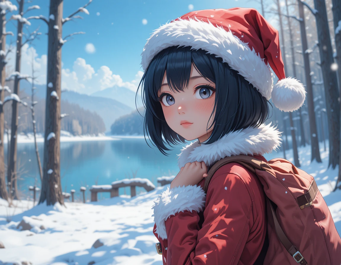 Ragazza anime in abito da Babbo Natale vicino a un tranquillo lago nel bosco innevato