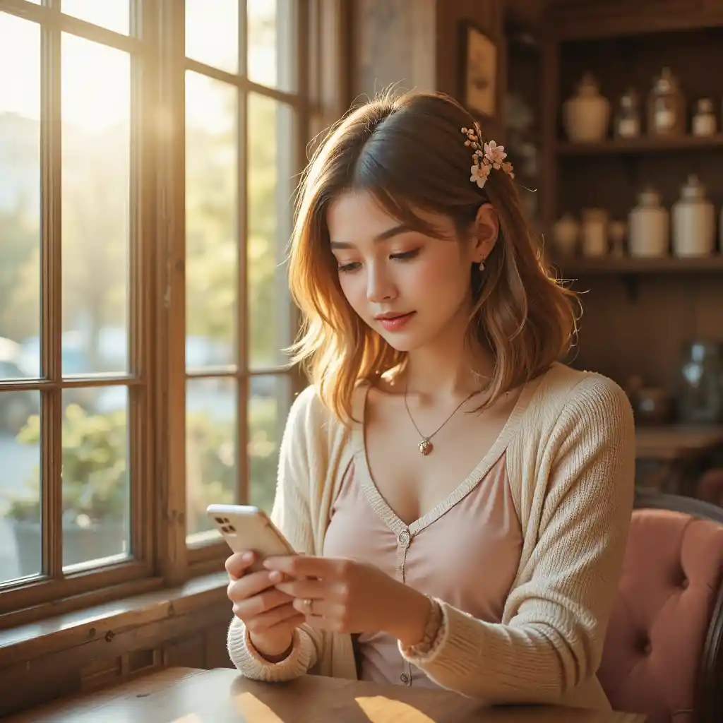 아늑한 카페에서 휴대폰을 보는 젊은 여성