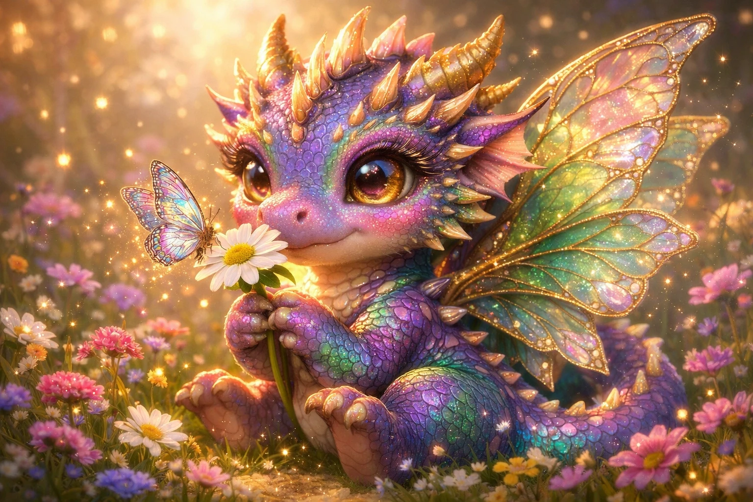 Verspielter Babydrache mit Schmetterling auf verwunschener Wiese