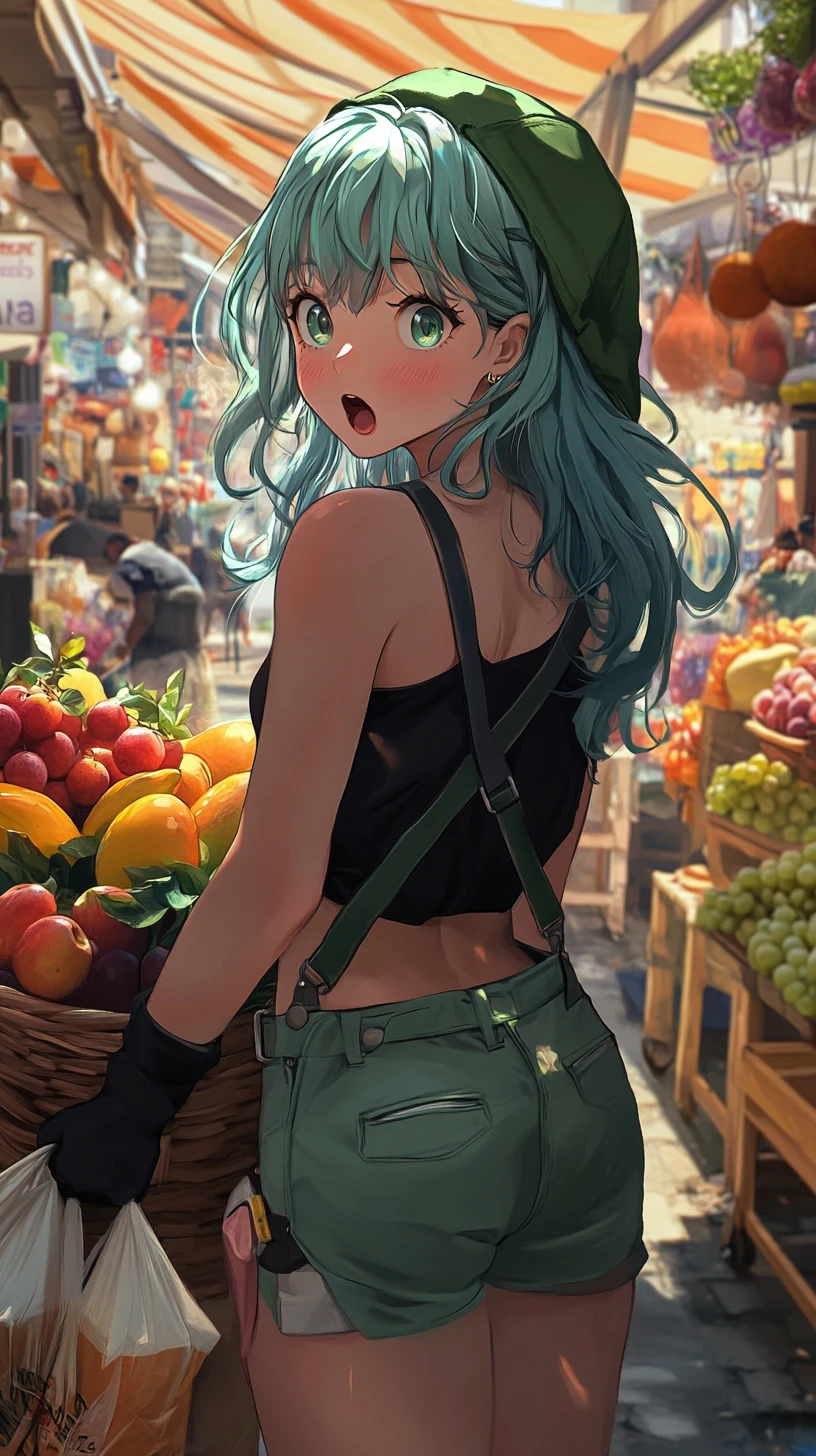 Garota anime chibi em uma movimentada barraca de frutas