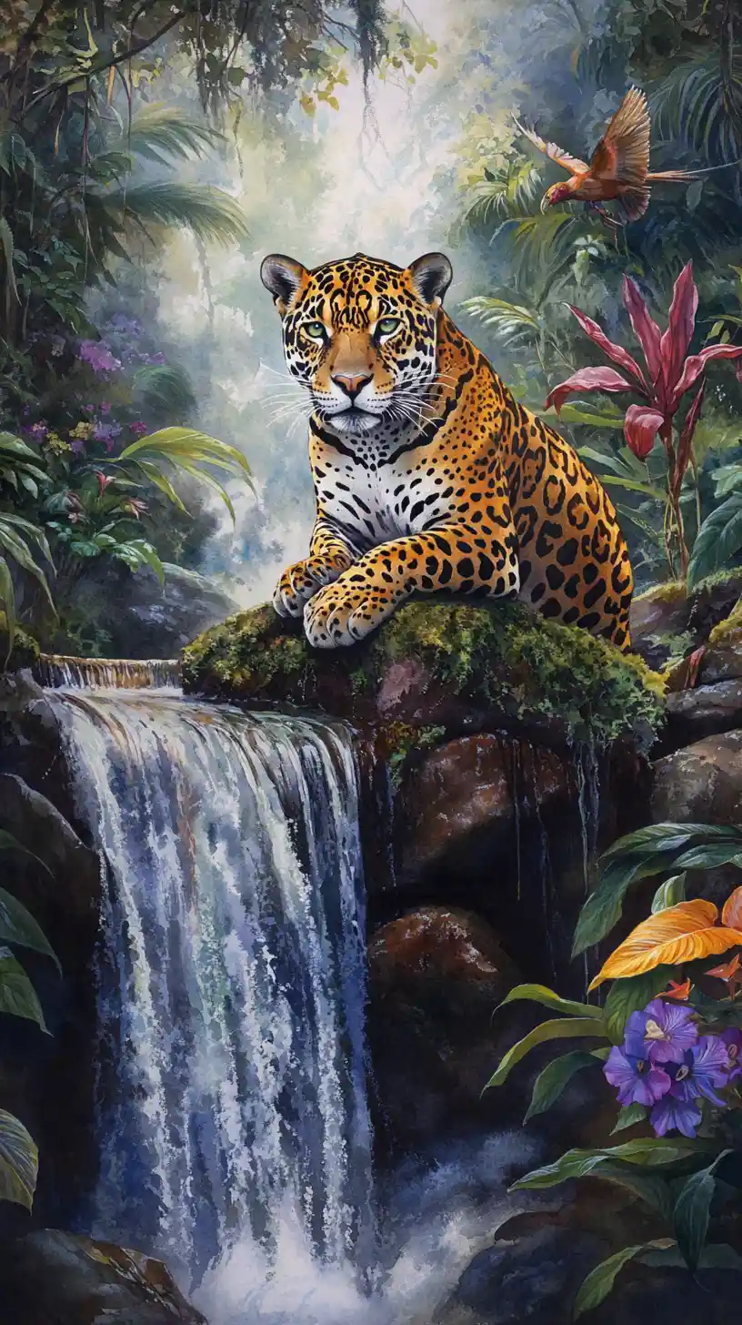 Onça-pintada em aquarela descansando perto de uma cachoeira na floresta tropical