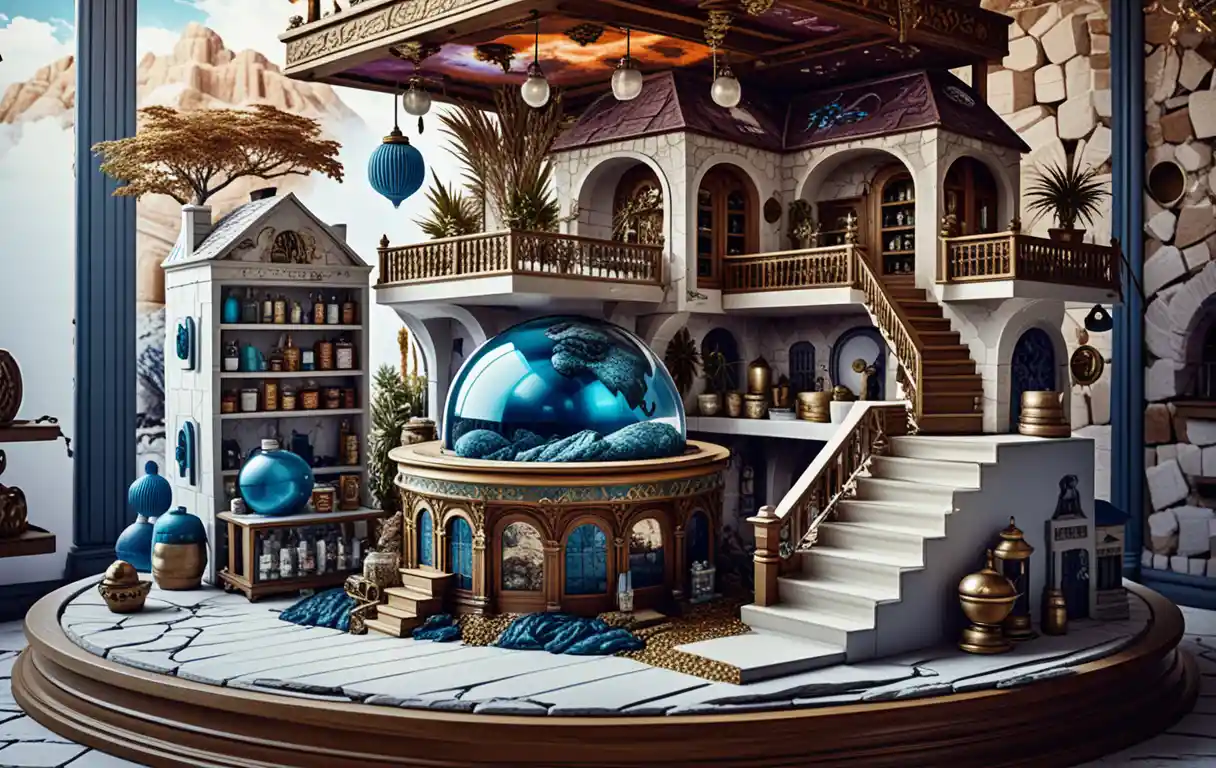 Panoramic 3D diorama of an apothecary style miniature house
