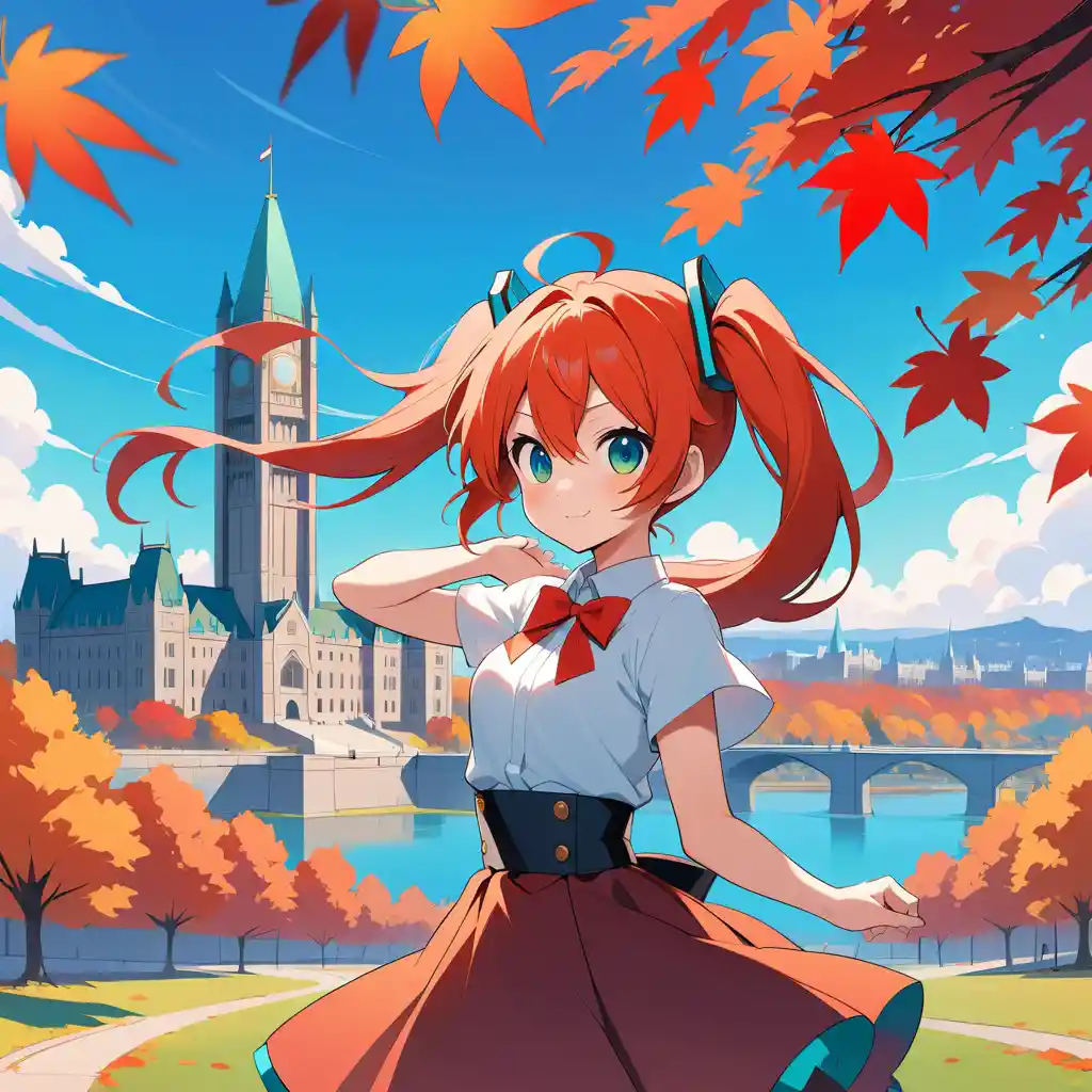 Anime girl with autumn hair before a grand city landmark