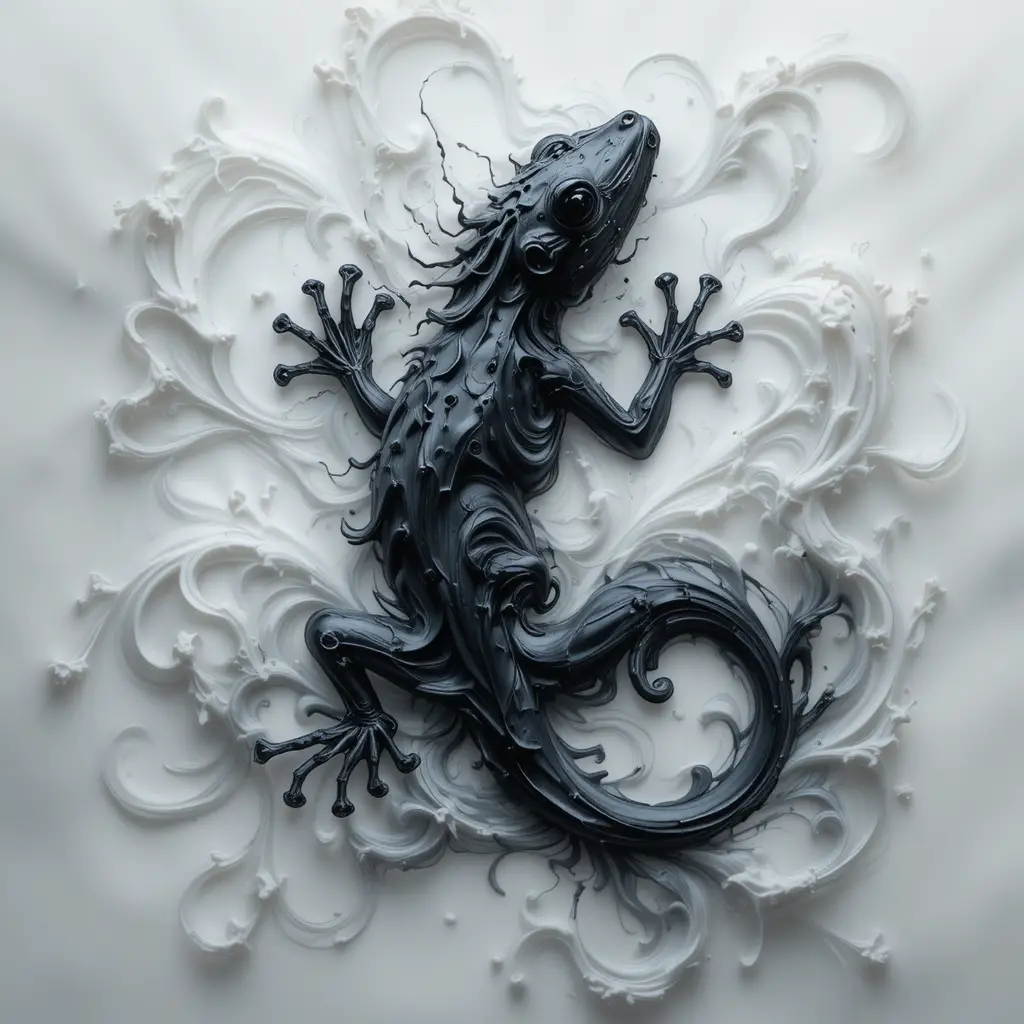 Gecko Silhouette Emerging From Swirling Milky Water Plumes