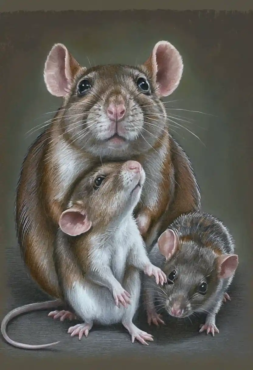 Ritratto di famiglia di ratti con madre e due cuccioli