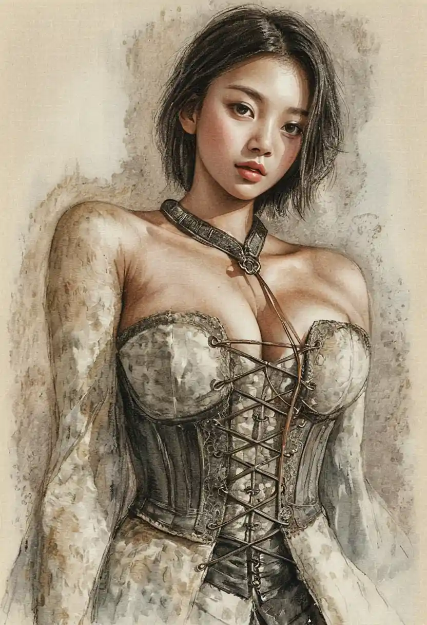 Classical sepia portrait drawing of East Asian woman in corset