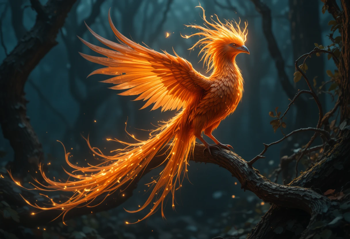 Fênix majestosa brilhando em um galho dourado na floresta