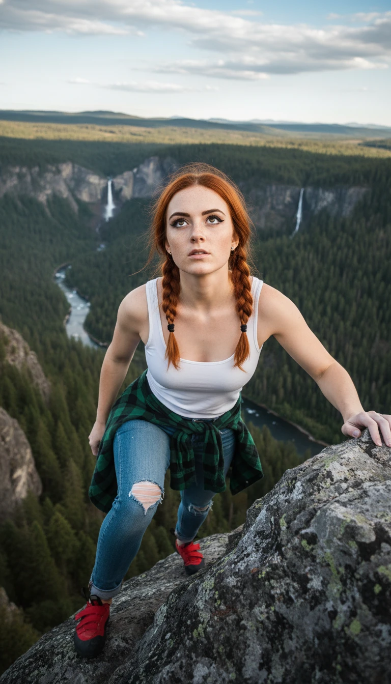 Red haired climber scales a towering rock face above forest