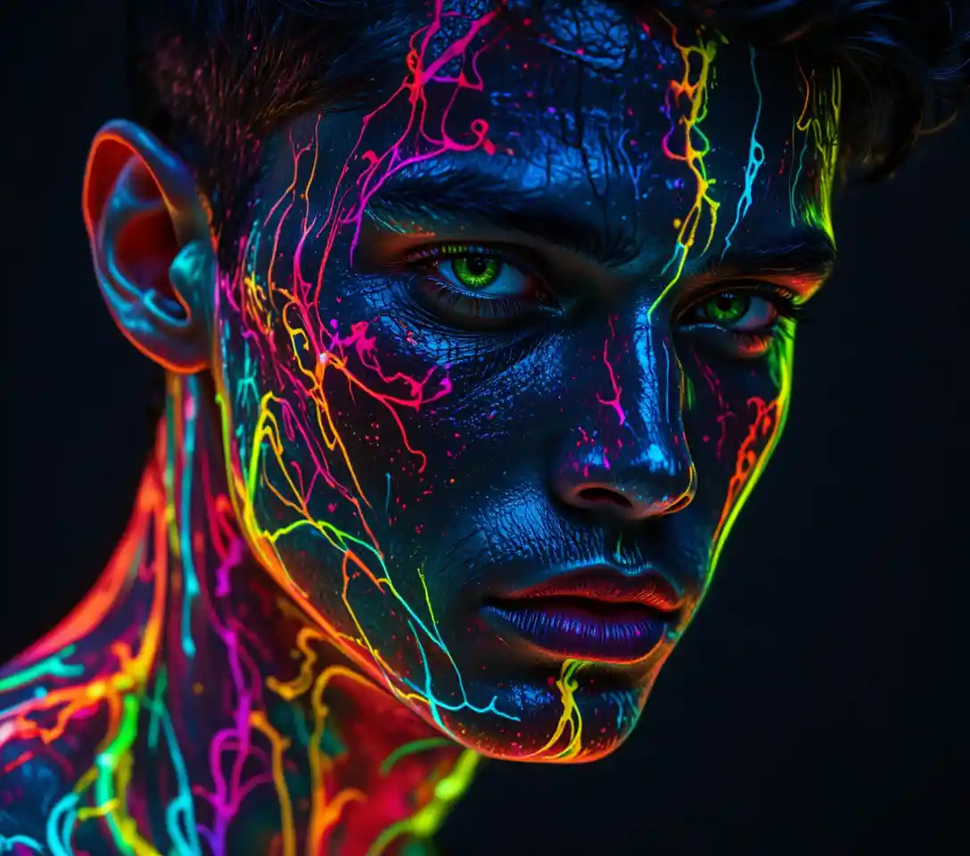 Retrato em close de jovem com pintura neon sobre fundo preto