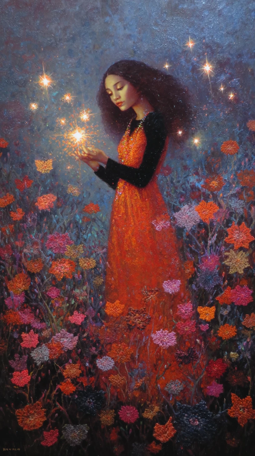 Mystical woman collecting glowing stars in surreal meadow