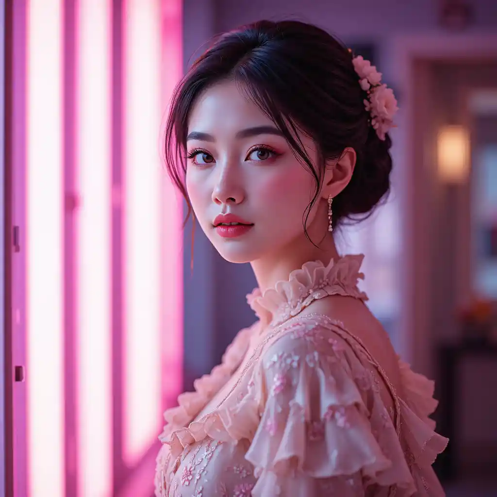 Ritratto in morbida luce al neon di una giovane donna asiatica elegante