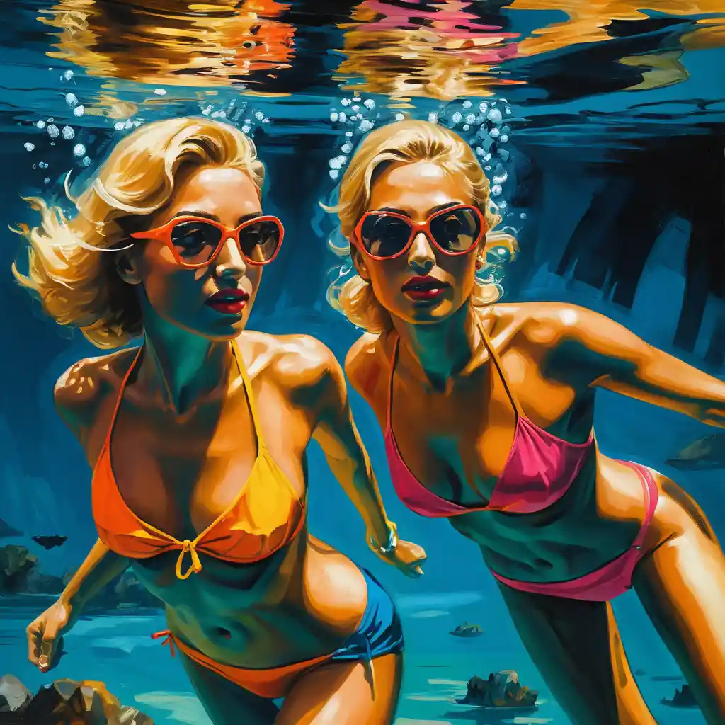 Dos mujeres nadando bajo el agua en una pintura digital de fantasía