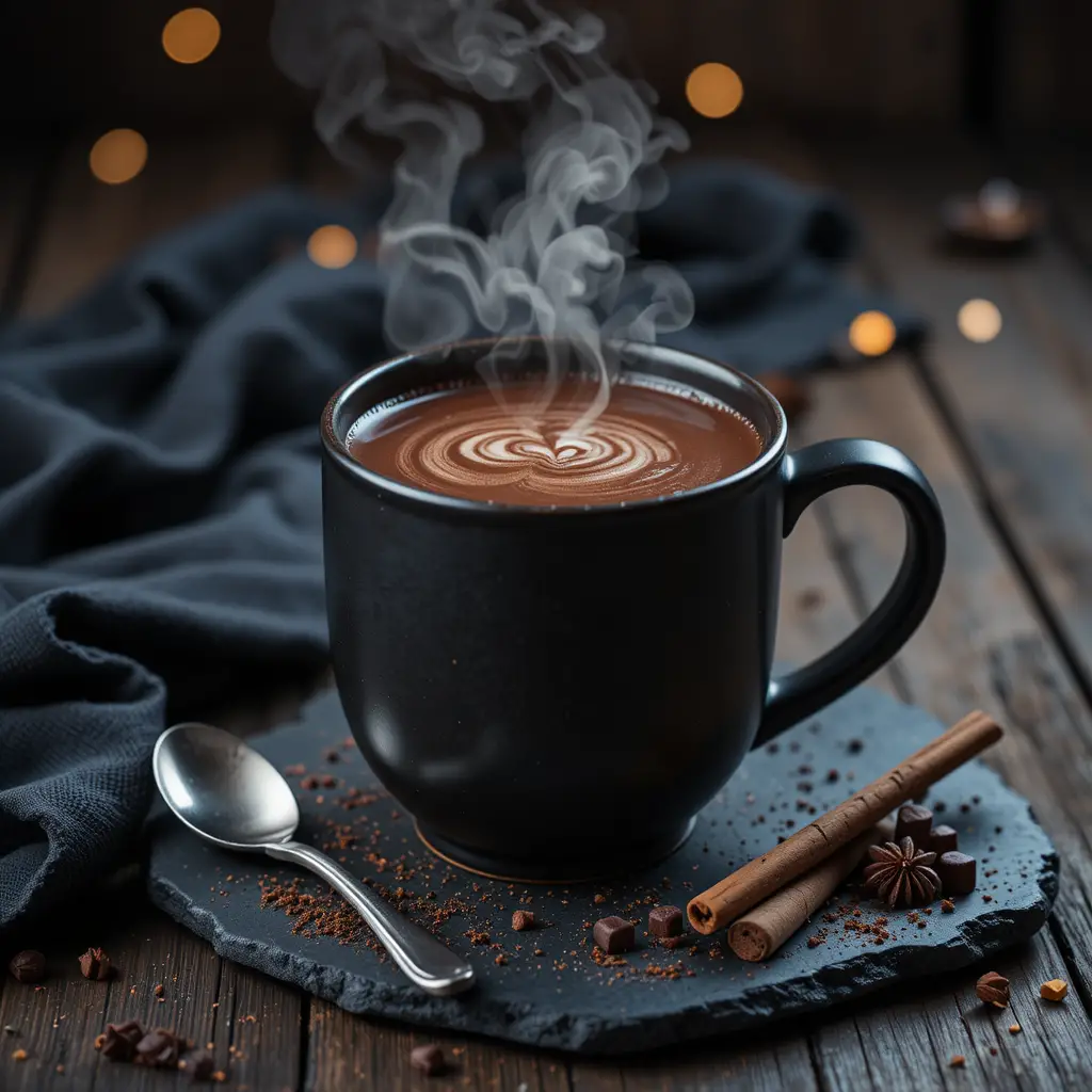 Aconchegante chocolate quente de chai em caneca preta sobre mesa escura
