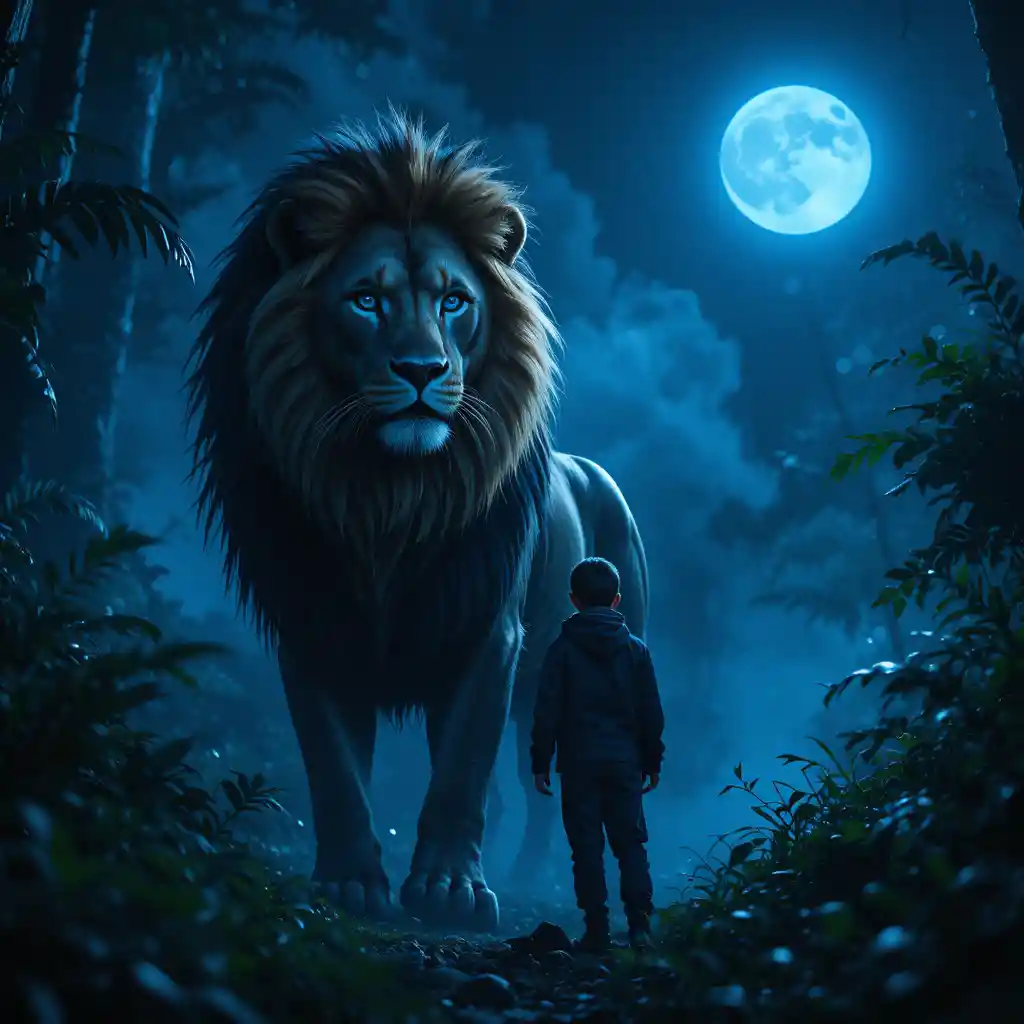 Jeune garçon courageux debout à côté d’un lion sous la pleine lune