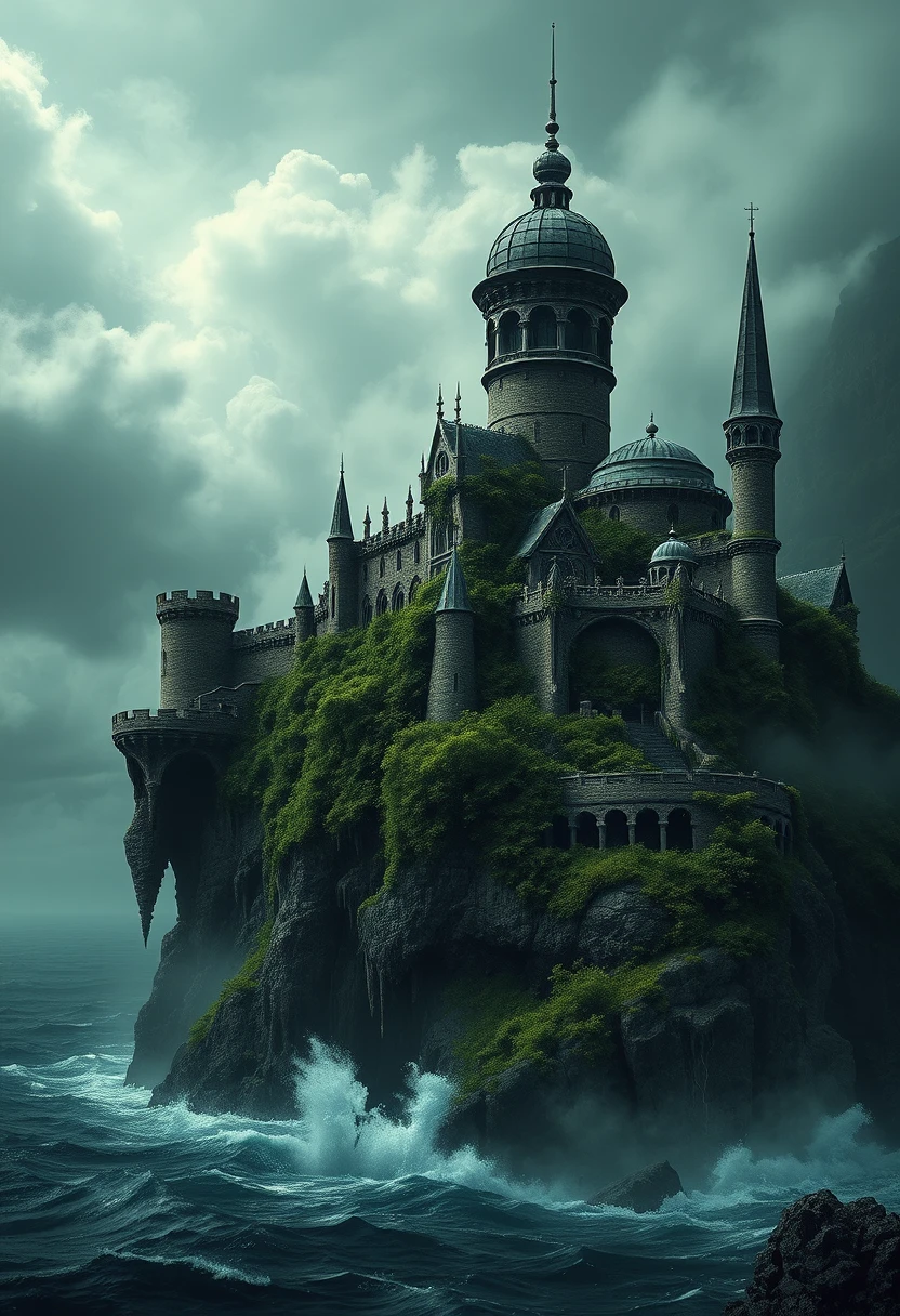 Ancien Château à Flanc de Falaise au‑dessus d’une Mer Mystique et Orageuse