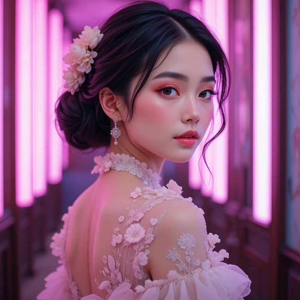 Elegante giovane donna asiatica in un ritratto al morbido neon