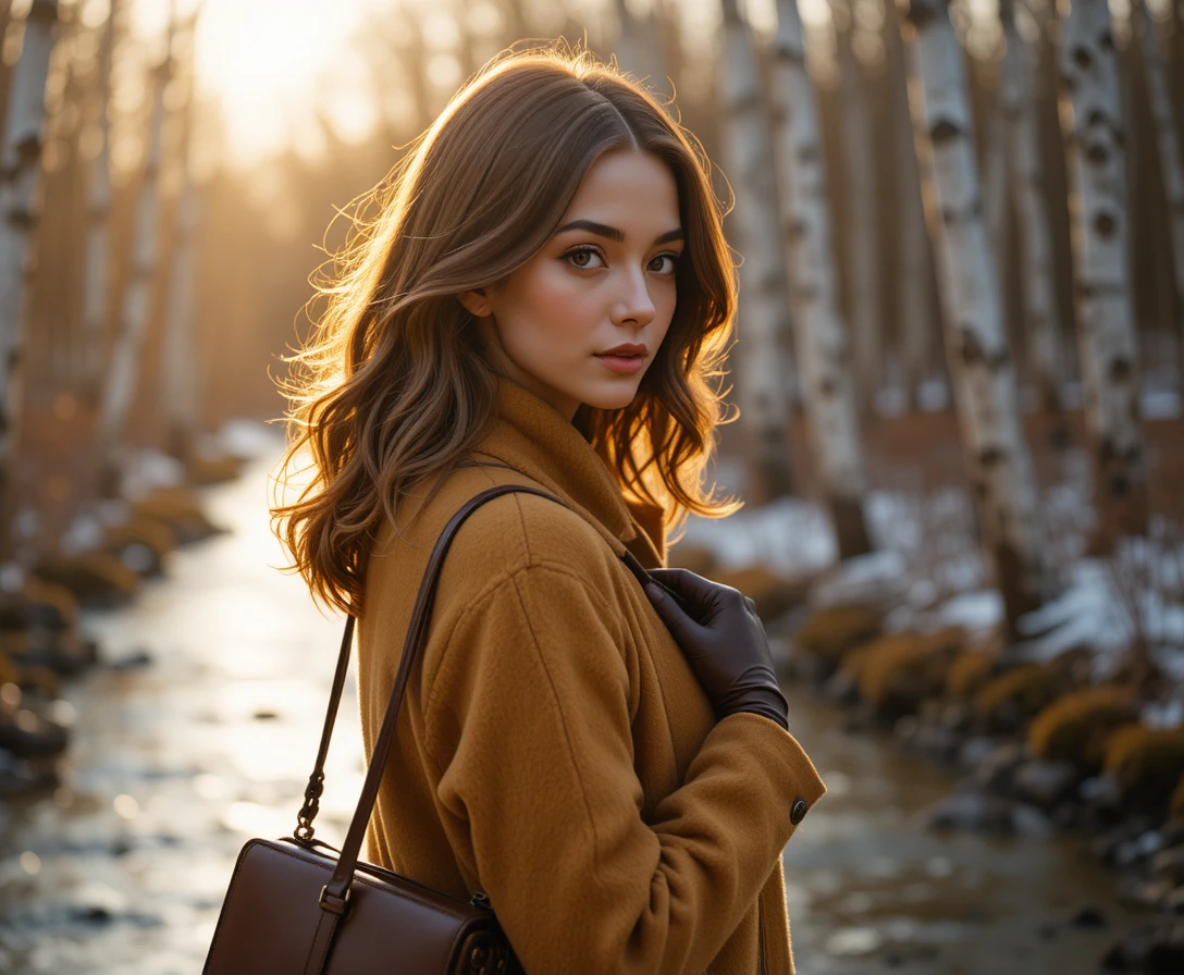 Woman in wool coat by a winter forest stream