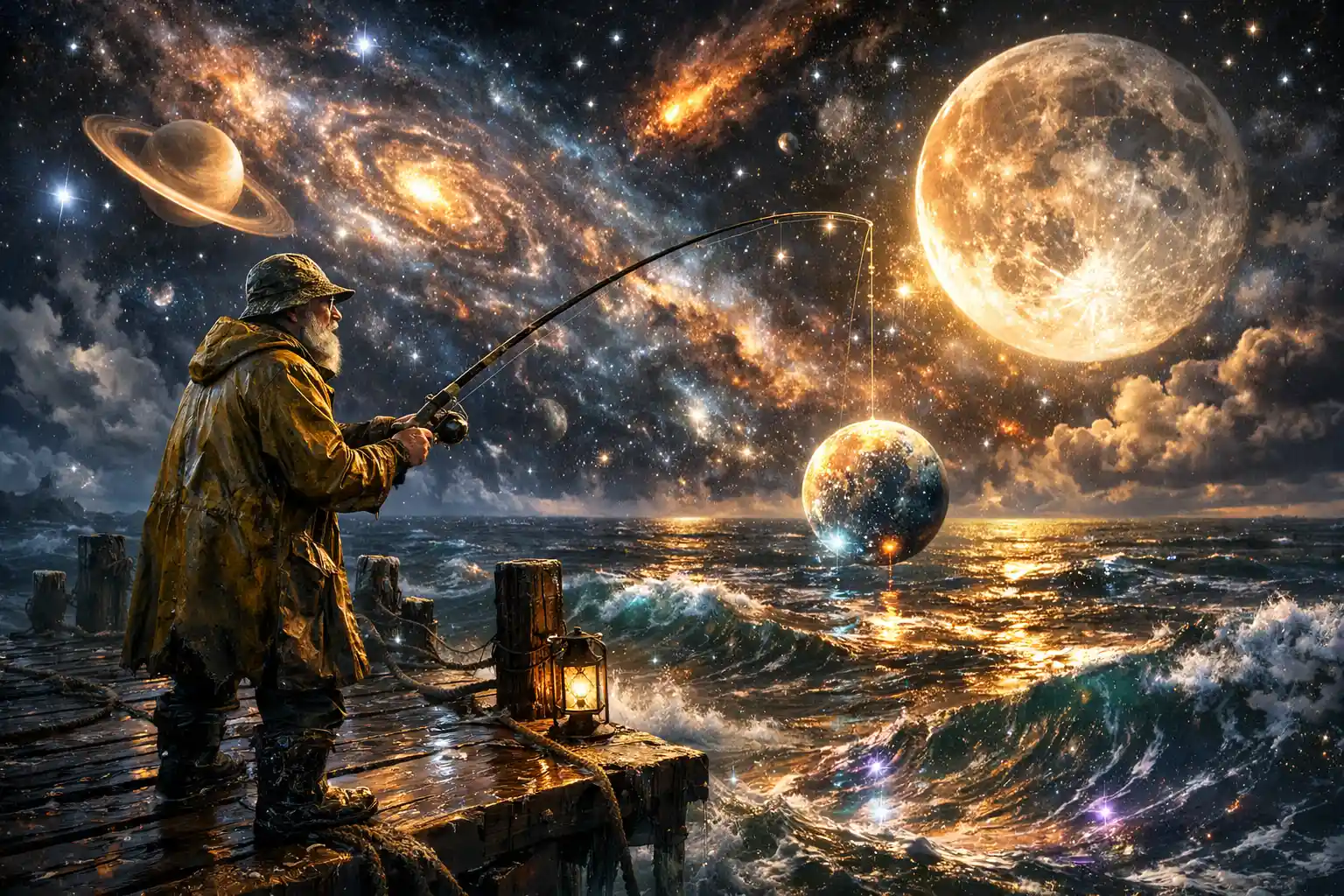 Alter Fischer auf dem Pier unter einem kosmischen, sternenklaren Ozeanhimmel