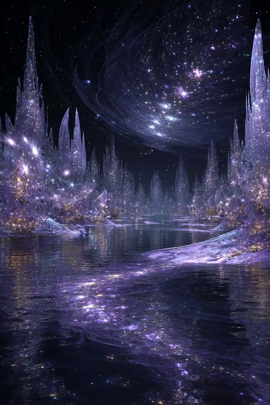 Metropoli eterea di cristallo con luminosa entità cosmica