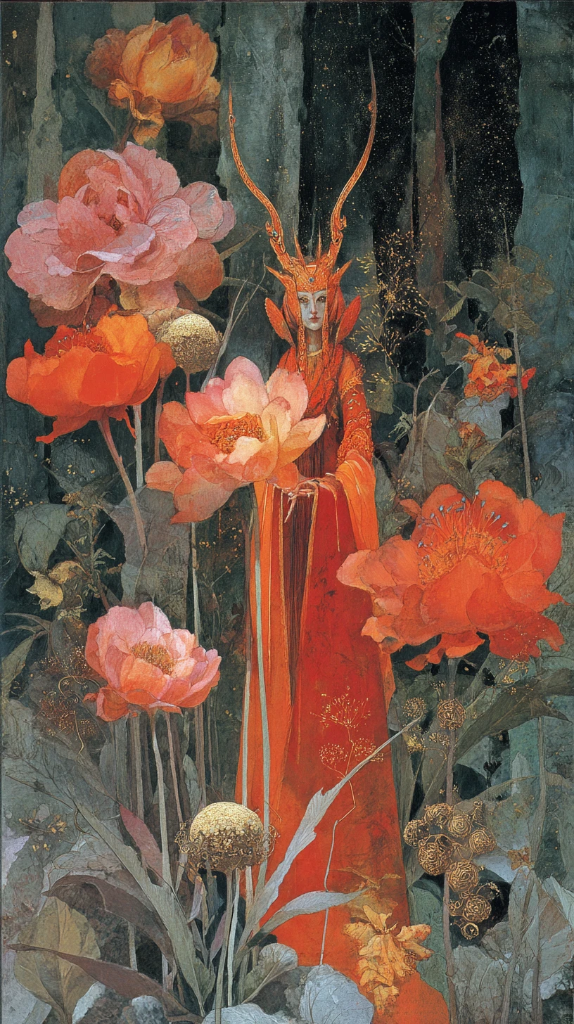 發光奇幻森林中的超現實薩滿與魔法花朵