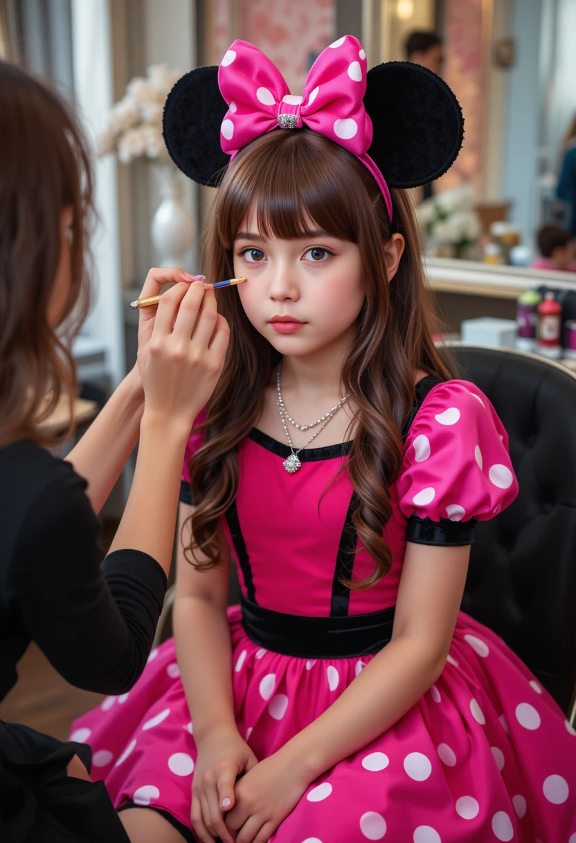 Young boy in pink dress having makeup applied by woman