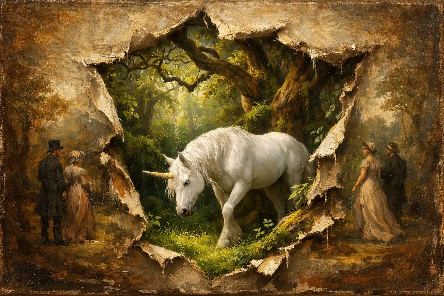 Torn Classical Canvas Revealing Living Forest And Unicorn