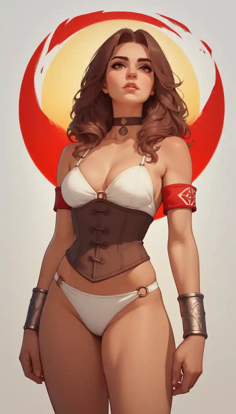 Proud reptilian warrior woman in white and red bikini