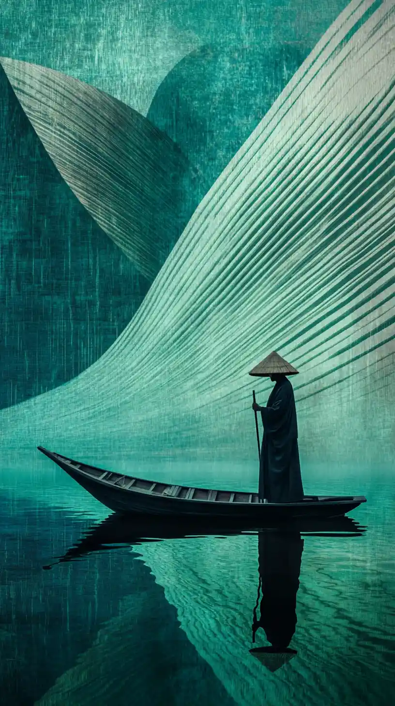 寧靜青綠湖畔小船旁的孤獨披袍身影