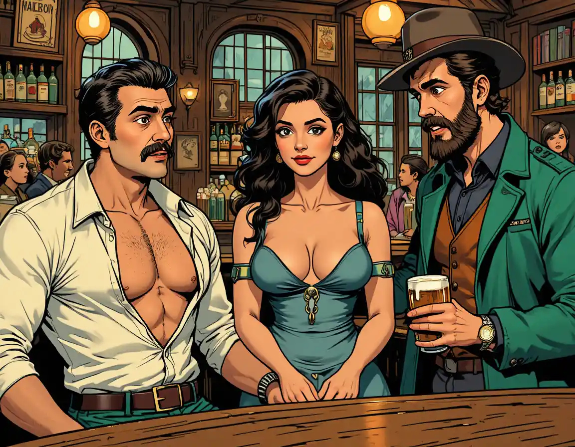 Scène de taverne vintage avec trois personnages hauts en couleur